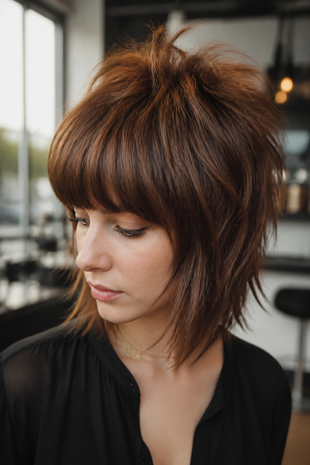 Close-up of a real woman with a heavy rounded fringe and short choppy crown layers in a salon.