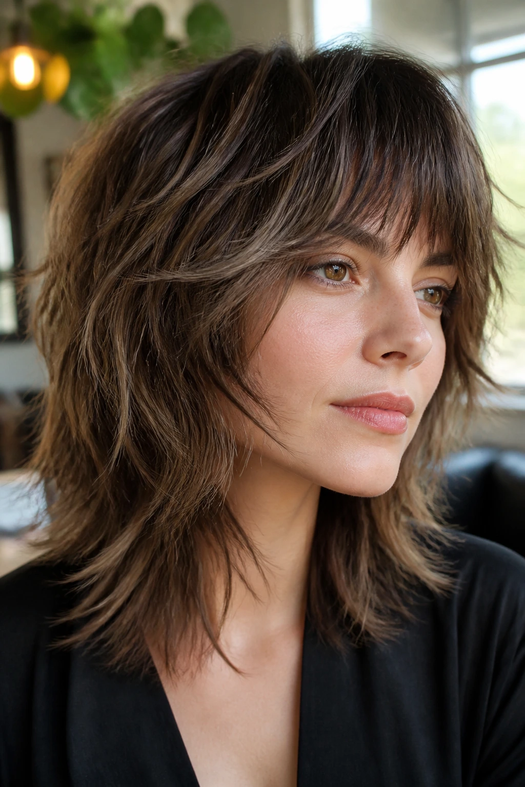 Close-up of a real woman with thinning-shear shag showing airy mid-length layers under warm window light