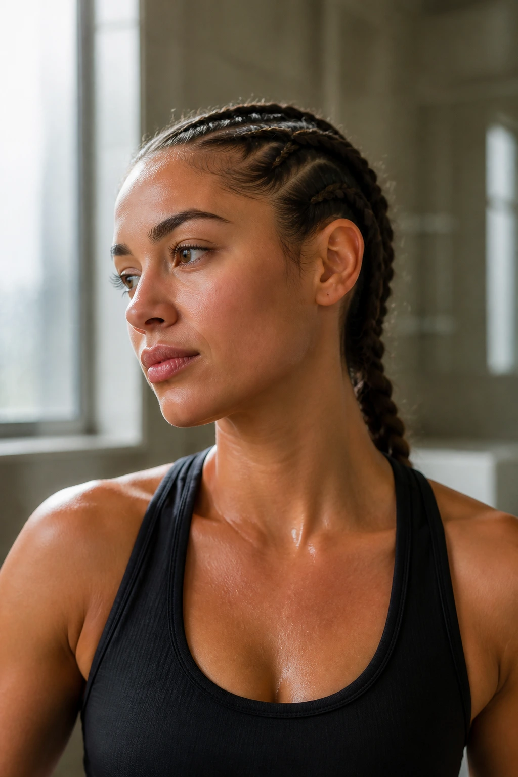 Close-up of a real person in a thoughtful pose, hair braided for secure workouts.