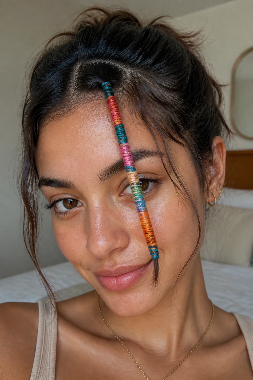 Close-up of wrapped thread braid on bangs with colorful embroidery accents