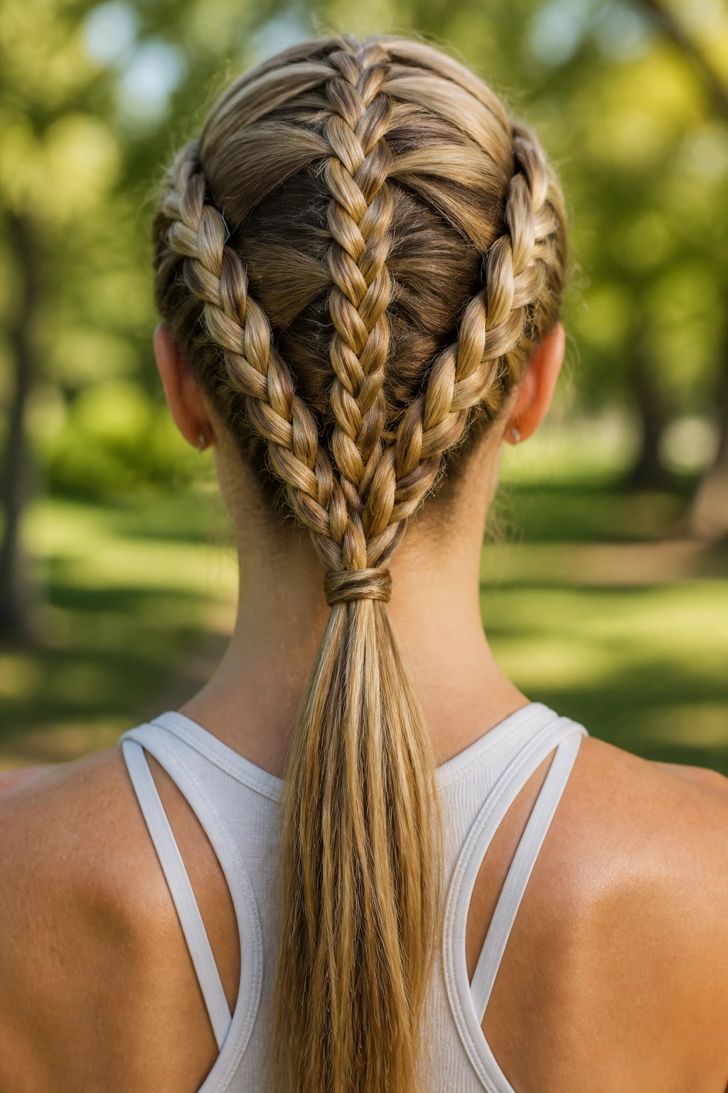 Rear view of a real woman with three banana braids at the nape