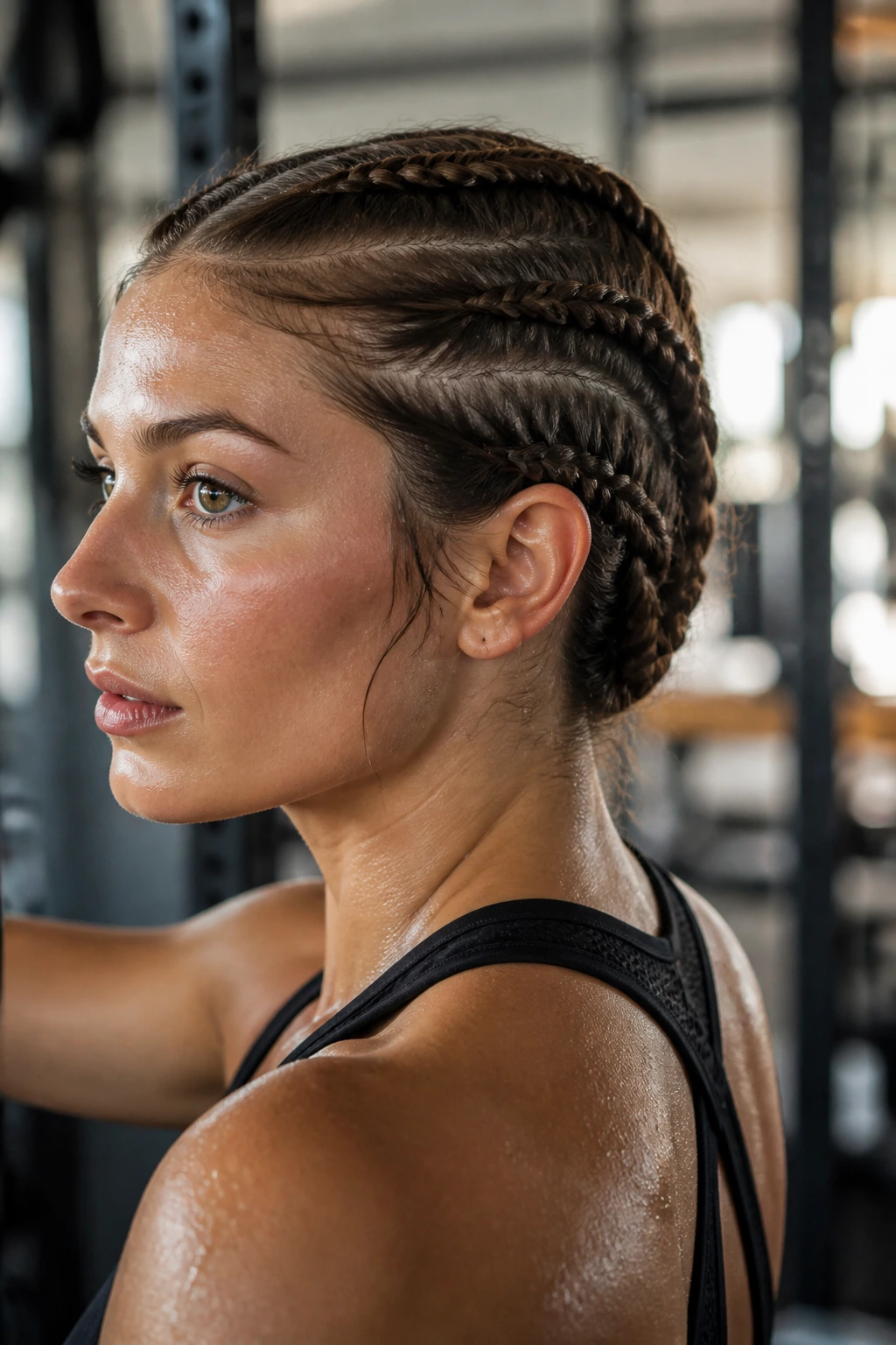 Close-up of a real woman with three braids joined at the nape for a secure workout hairstyle