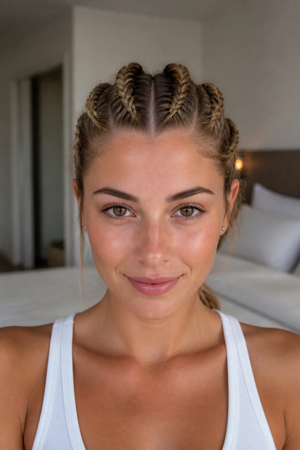 Real woman with three front French braids joining into a single braid
