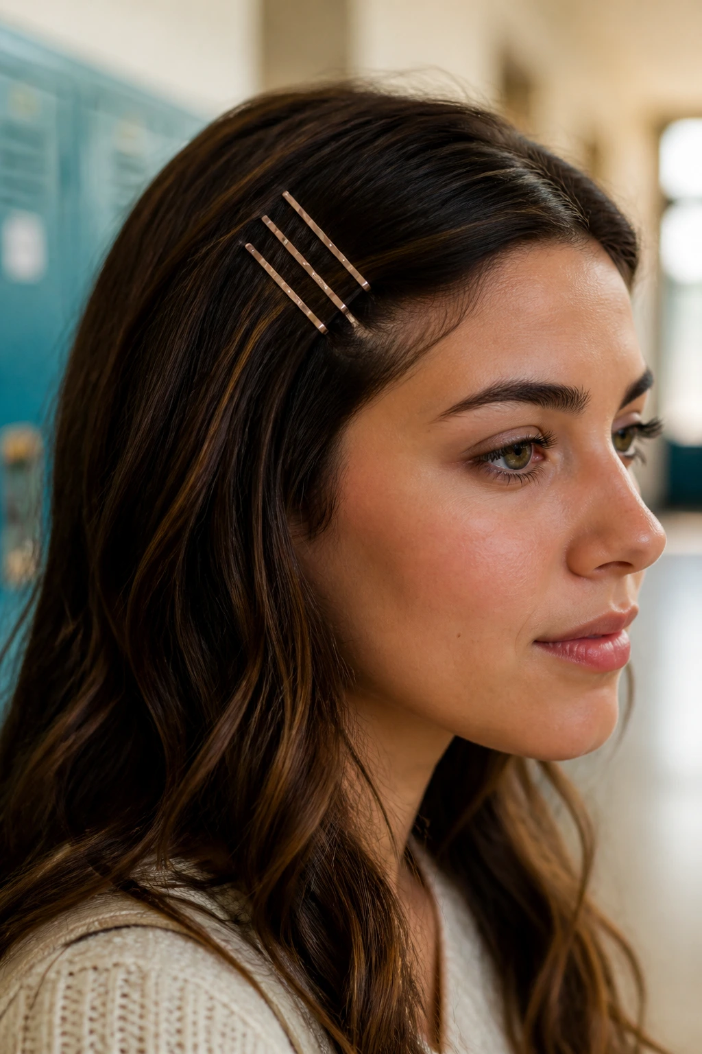 Close-up of a real woman showing three parallel bobby pins at the temple
