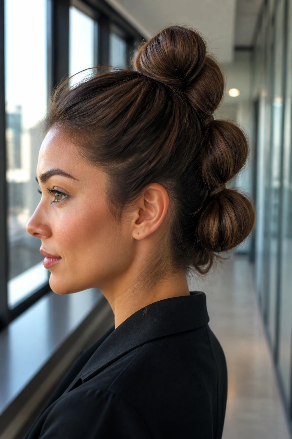 Close-up of a real woman with a three-section stacked bun at the back of her head in an office setting