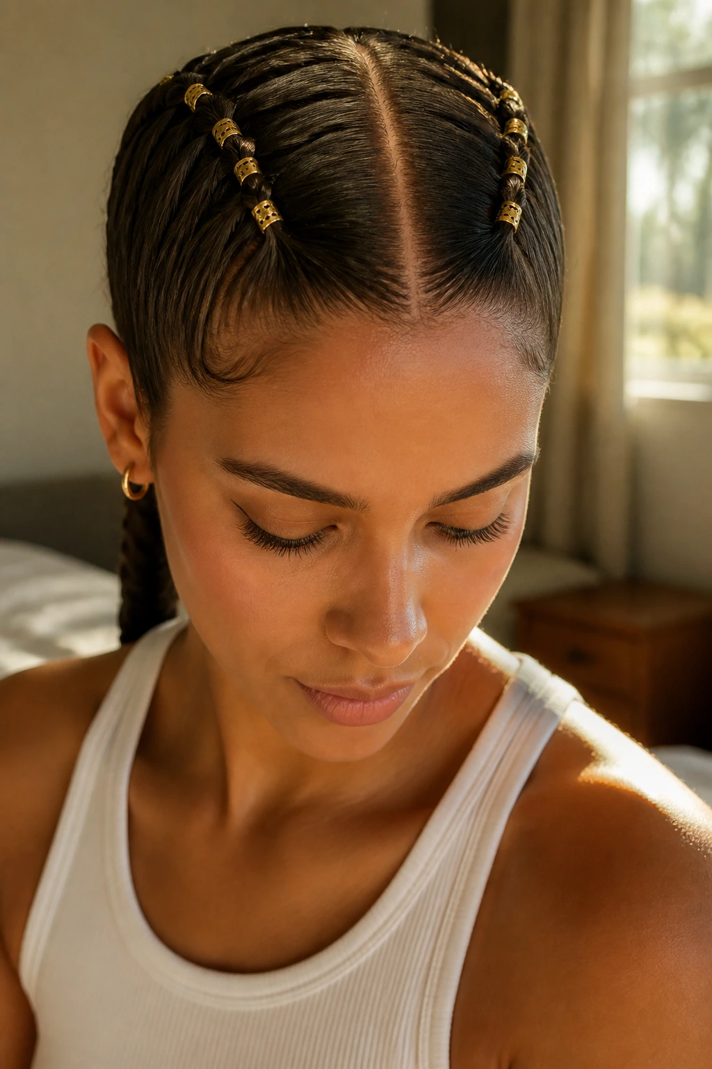 Close-up of a real person wearing center-parted three-strand braids with cuffs along the crown