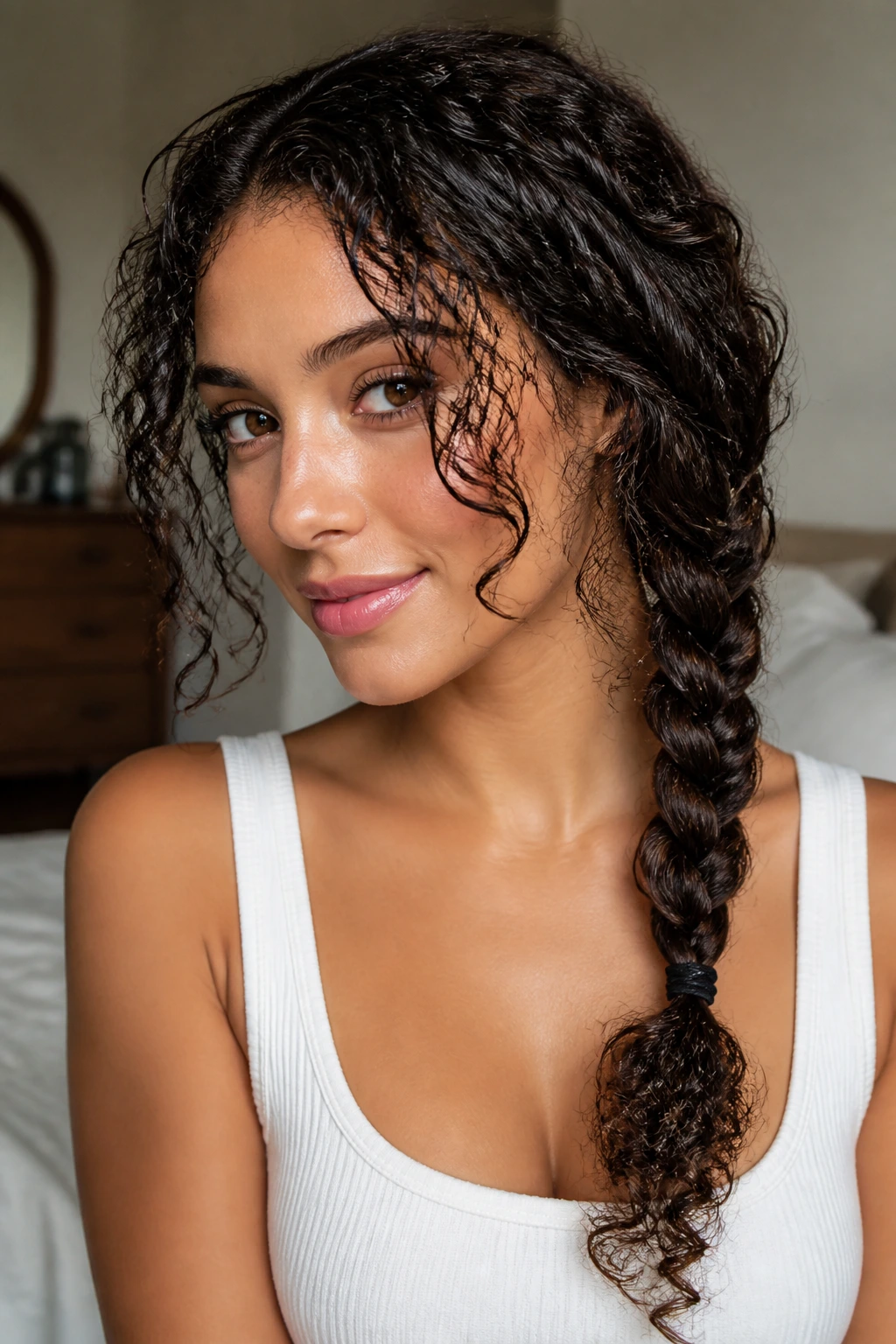 Close-up portrait of a real woman with a loose three-strand side braid and curly ends in warm window light