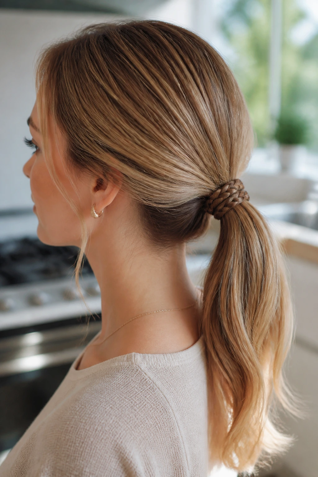 Portrait of a woman with a three-strand braid accent in a low ponytail.
