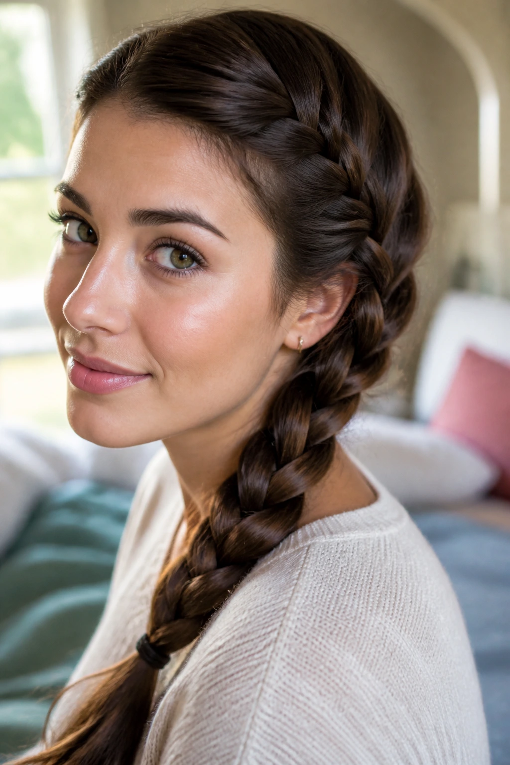 Close-up of a real woman with a classic three-strand side braid