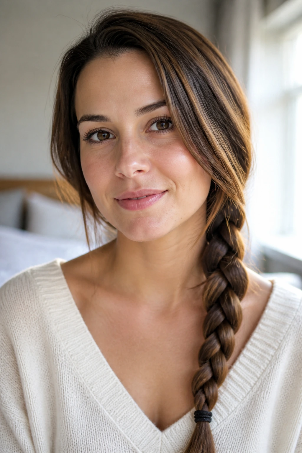 Close-up portrait of a real woman with a classic three-strand side braid over her shoulder in soft window light