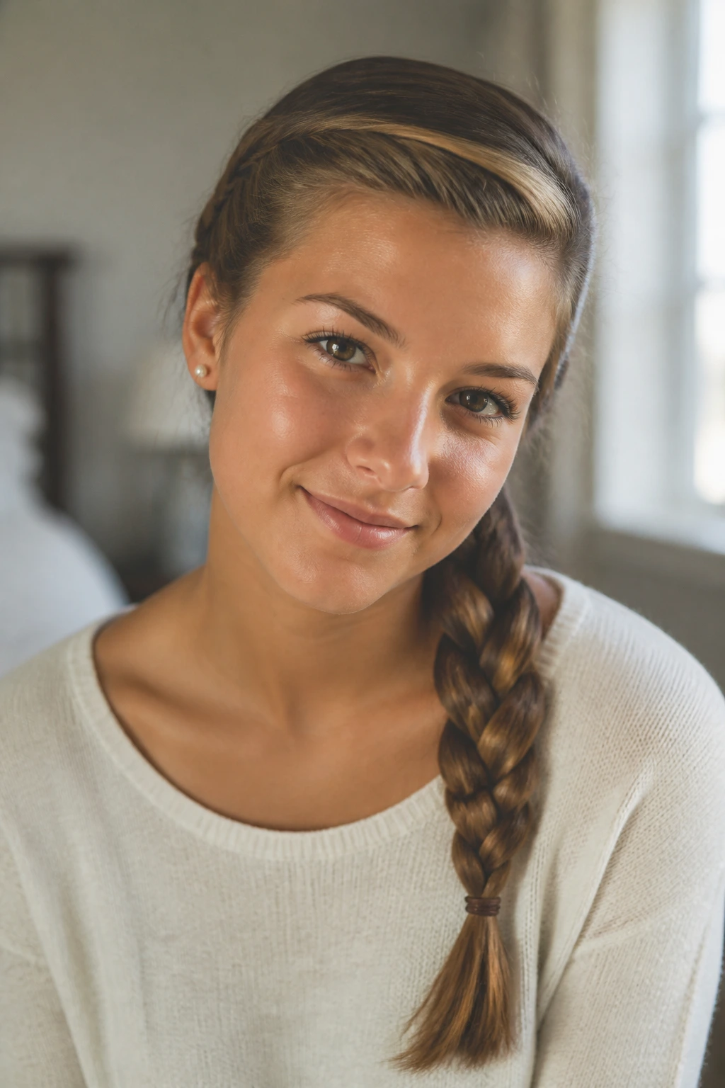 Close-up of a real woman with a classic three-strand side braid in warm bedroom light