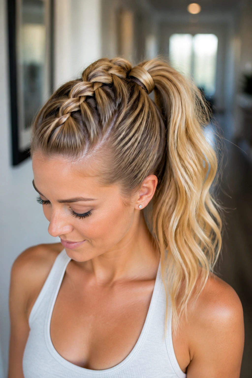 Close-up of a three-strand Dutch braid into a high ponytail on a real person