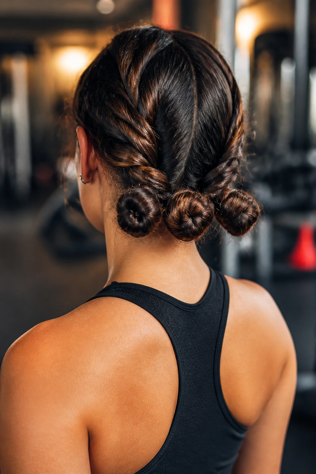 Back-of-head portrait of a real woman with three twisted low buns at the nape for air drying hair during workouts