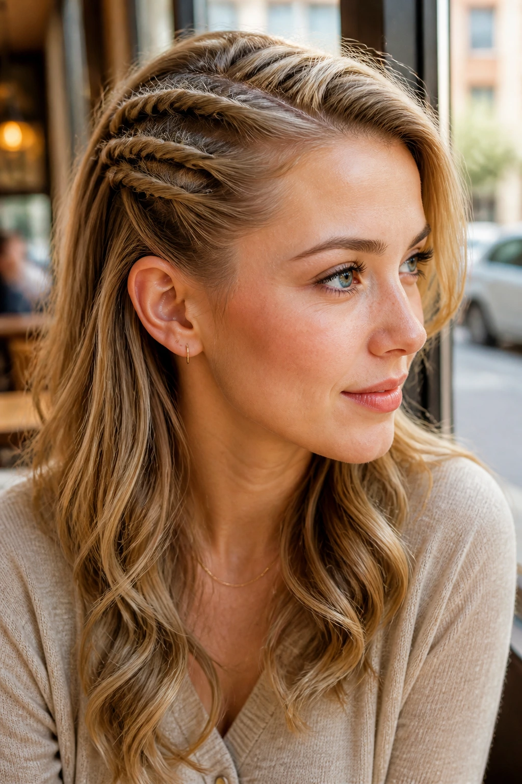 Close-up of a woman with three side twists on one side