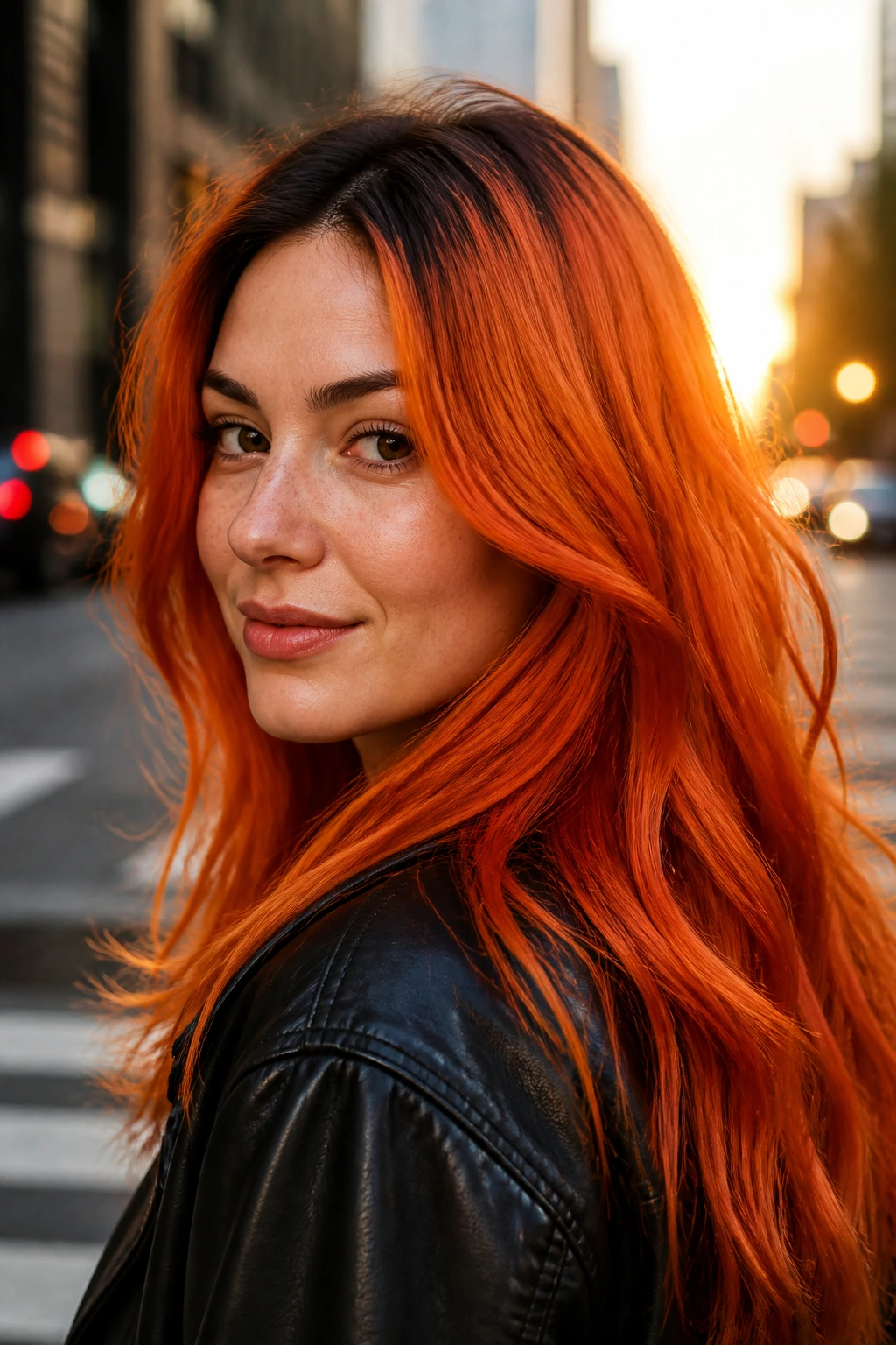 Real person with tiger lily orange hair and dark shadow roots on city street at golden hour
