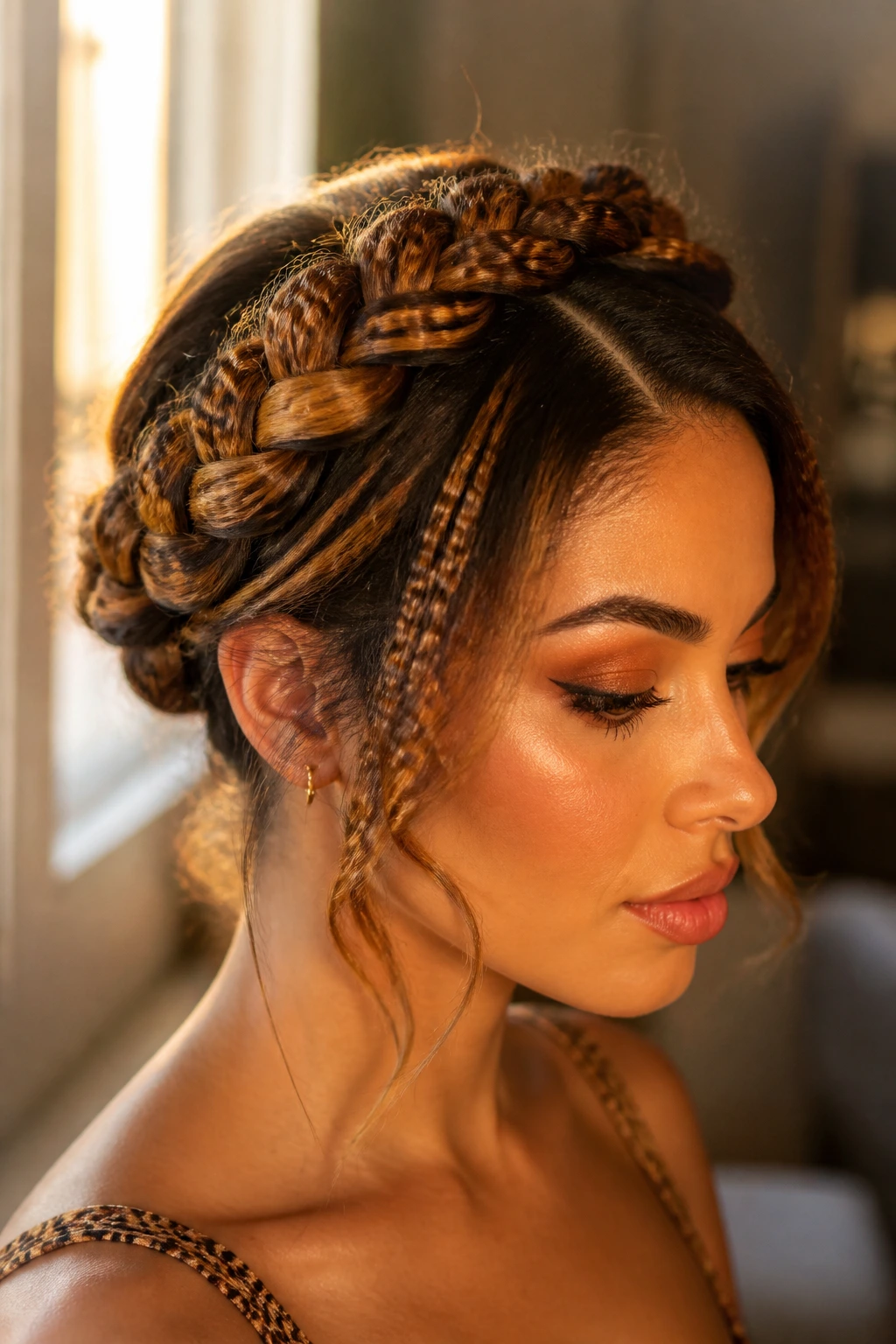 Portrait of a real woman wearing a tiger stripe braided crown with crimped texture.