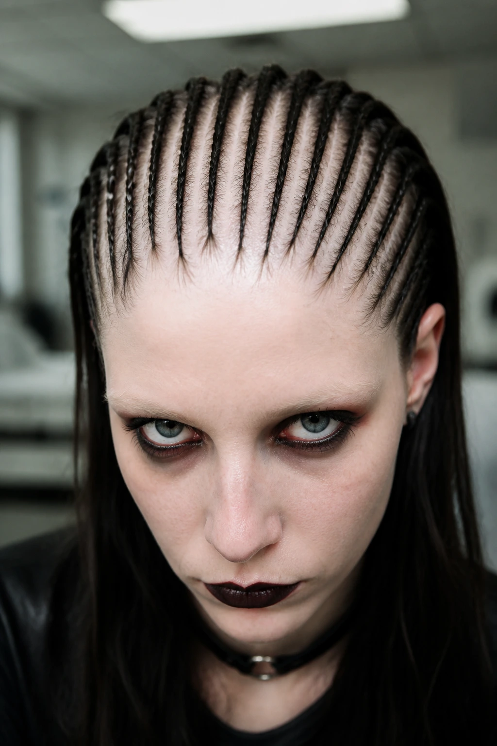 Close-up of scalp-exposing tight braids starting at the hairline