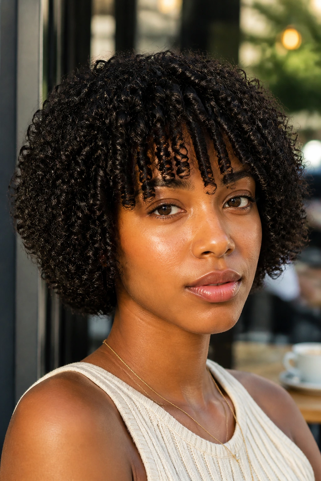 Close-up of a real woman with a tight coil bob and minimalist bangs in natural outdoor light.