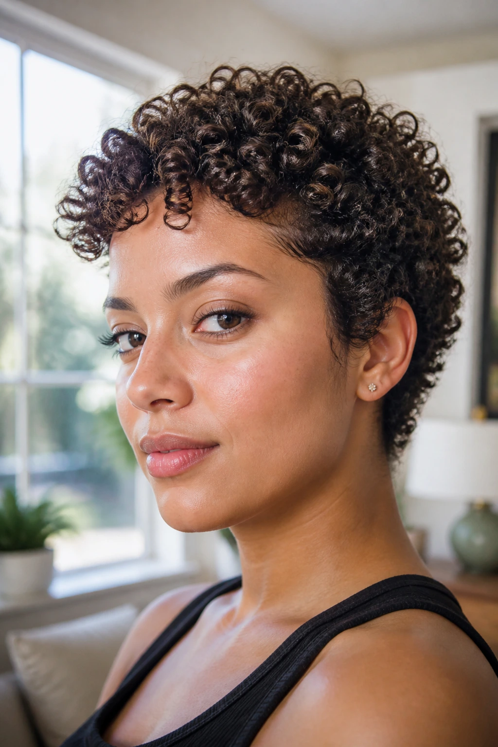 Close-up portrait of a woman with tight coils on the top layer, curls framing the crown