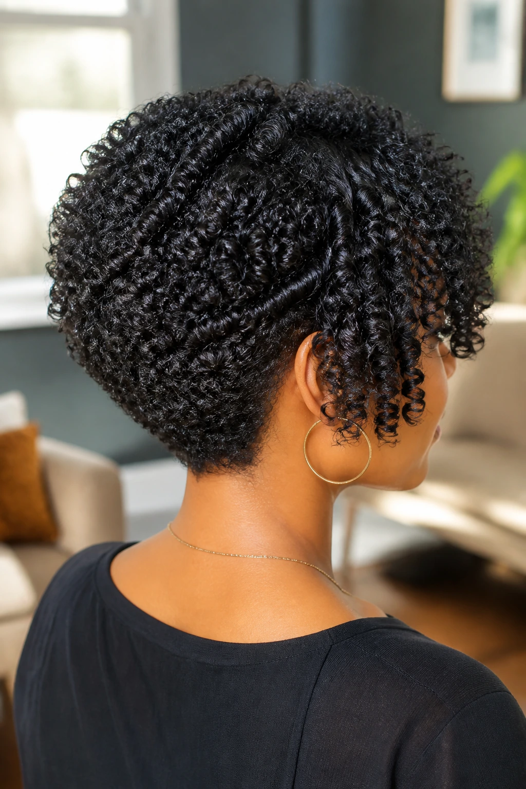 Real woman with a tight coil stack and side-swept volume in a cozy living room.