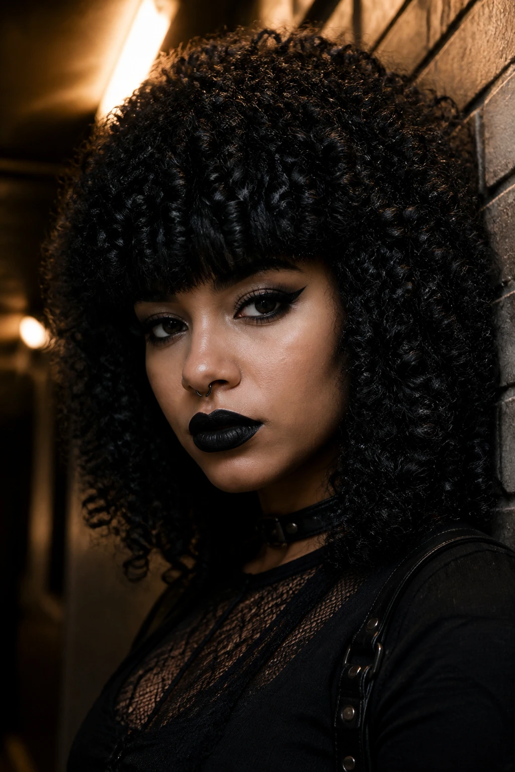 Close-up of a person with tight curls and blunt bangs in a bold goth look.