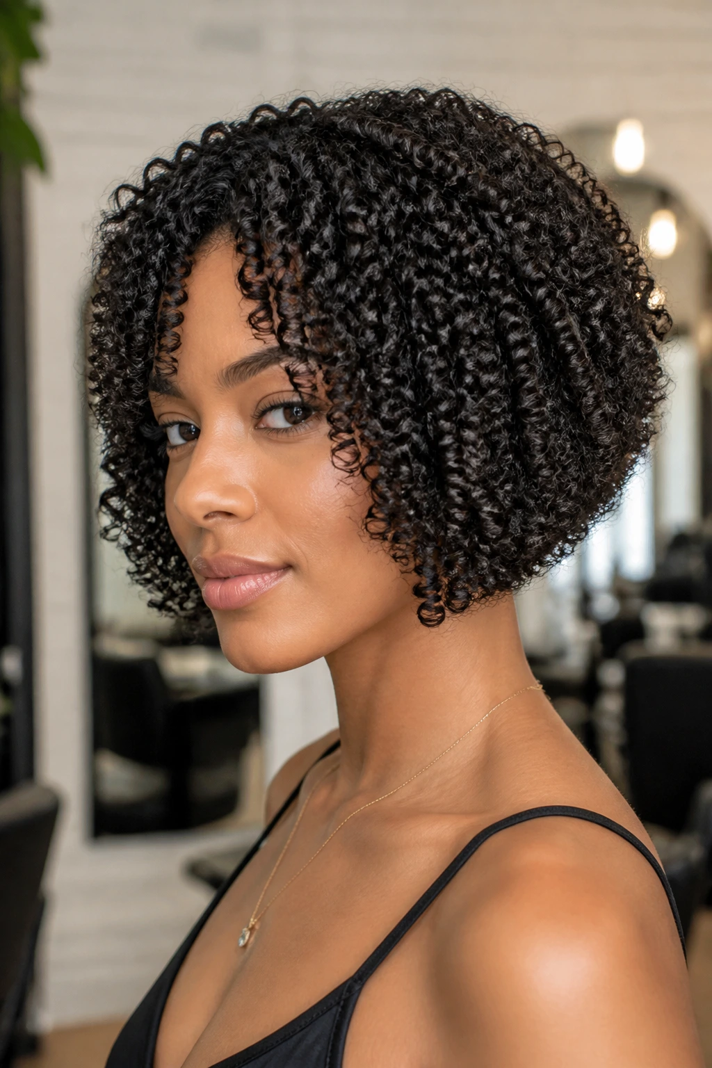 Close-up of a woman with tight coils and a blunt inverted bob.