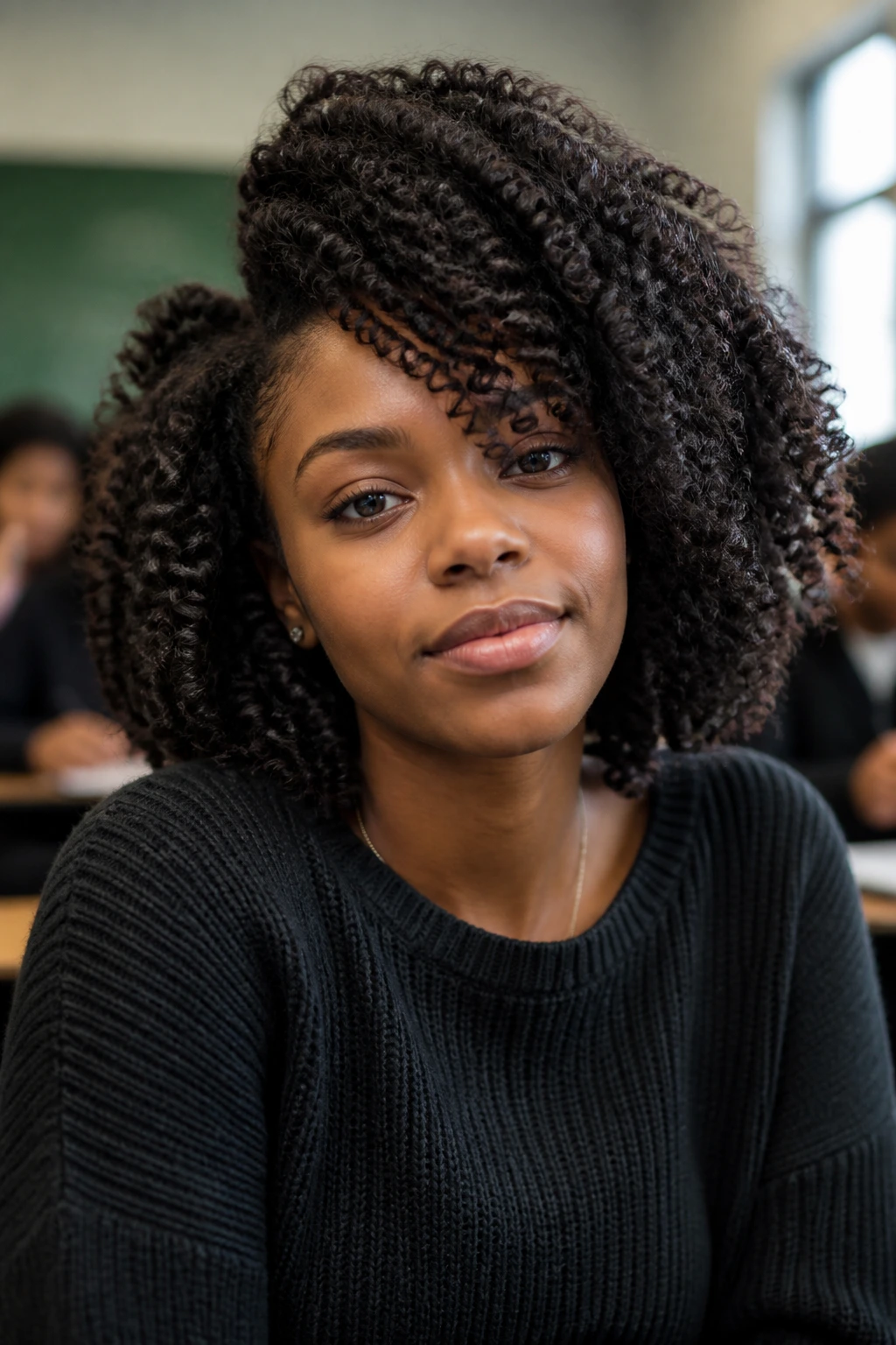 Portrait of a real student with tight coil wig and side-swept volume.