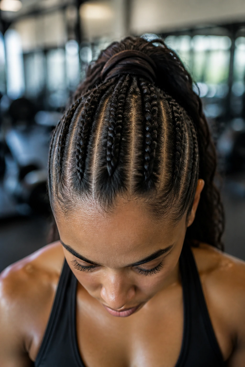 Close-up of cornrow ponytail on a real person during a workout