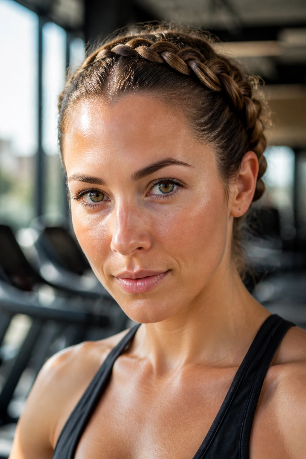 Close-up of a real woman wearing a tight crown braid during a workout in a gym