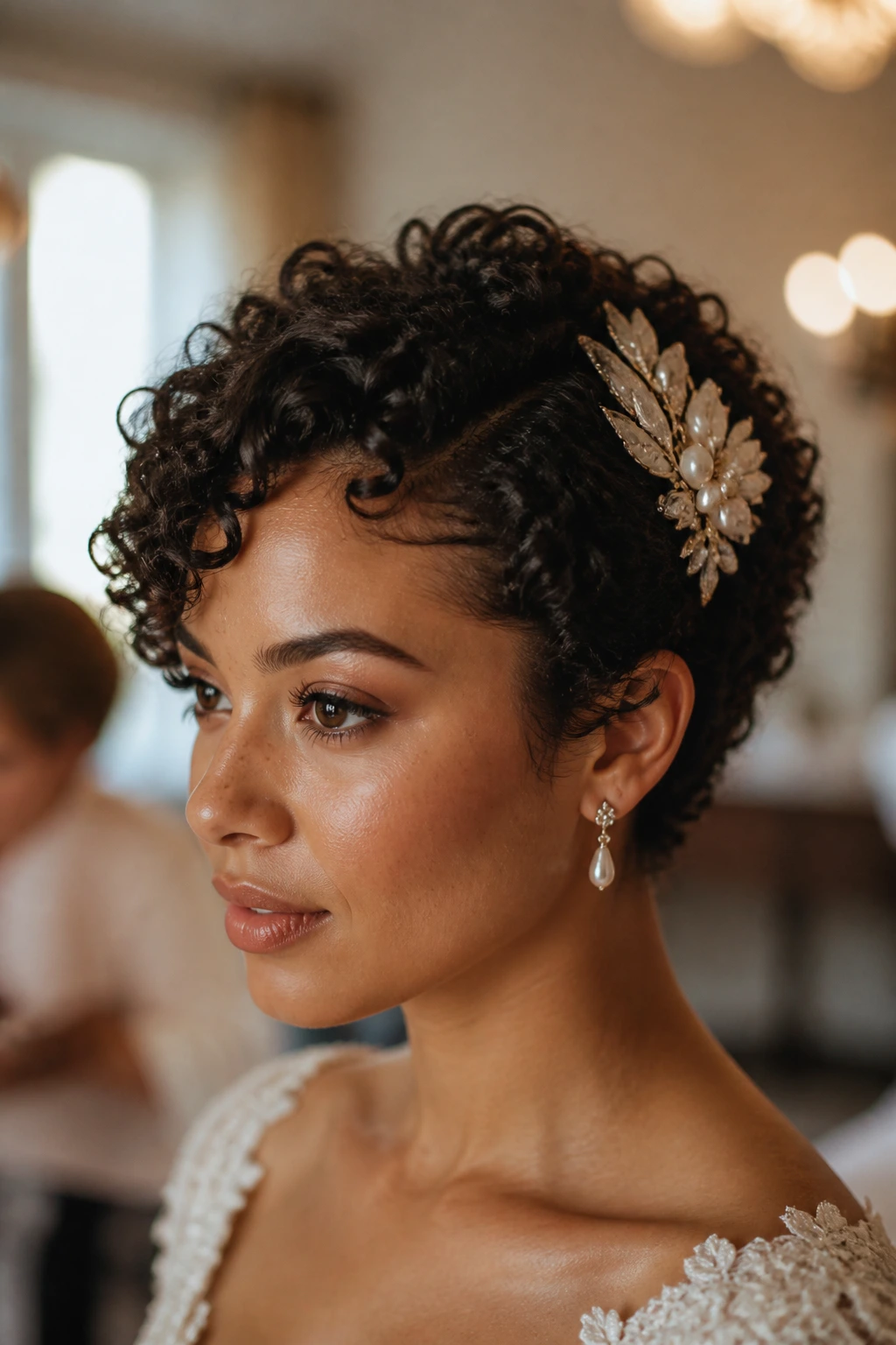 Close-up of a woman with tight curls and a decorative comb.