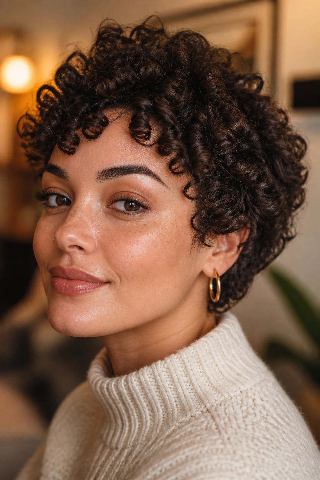 Close-up of a woman with tight curls on a short hairstyle in a warm indoor setting