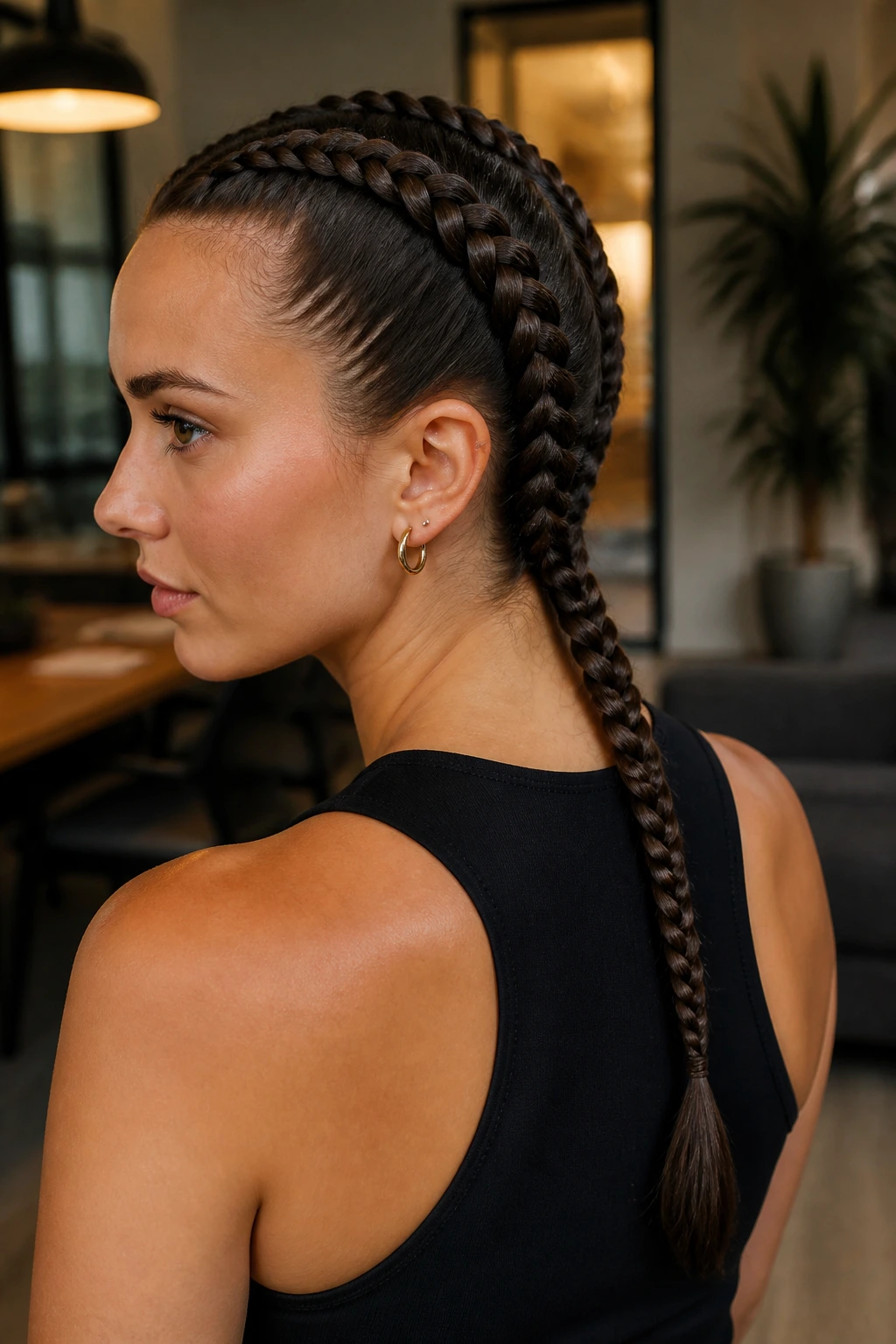 Portrait of a person with two tight Dutch braids and a sleek end plait.