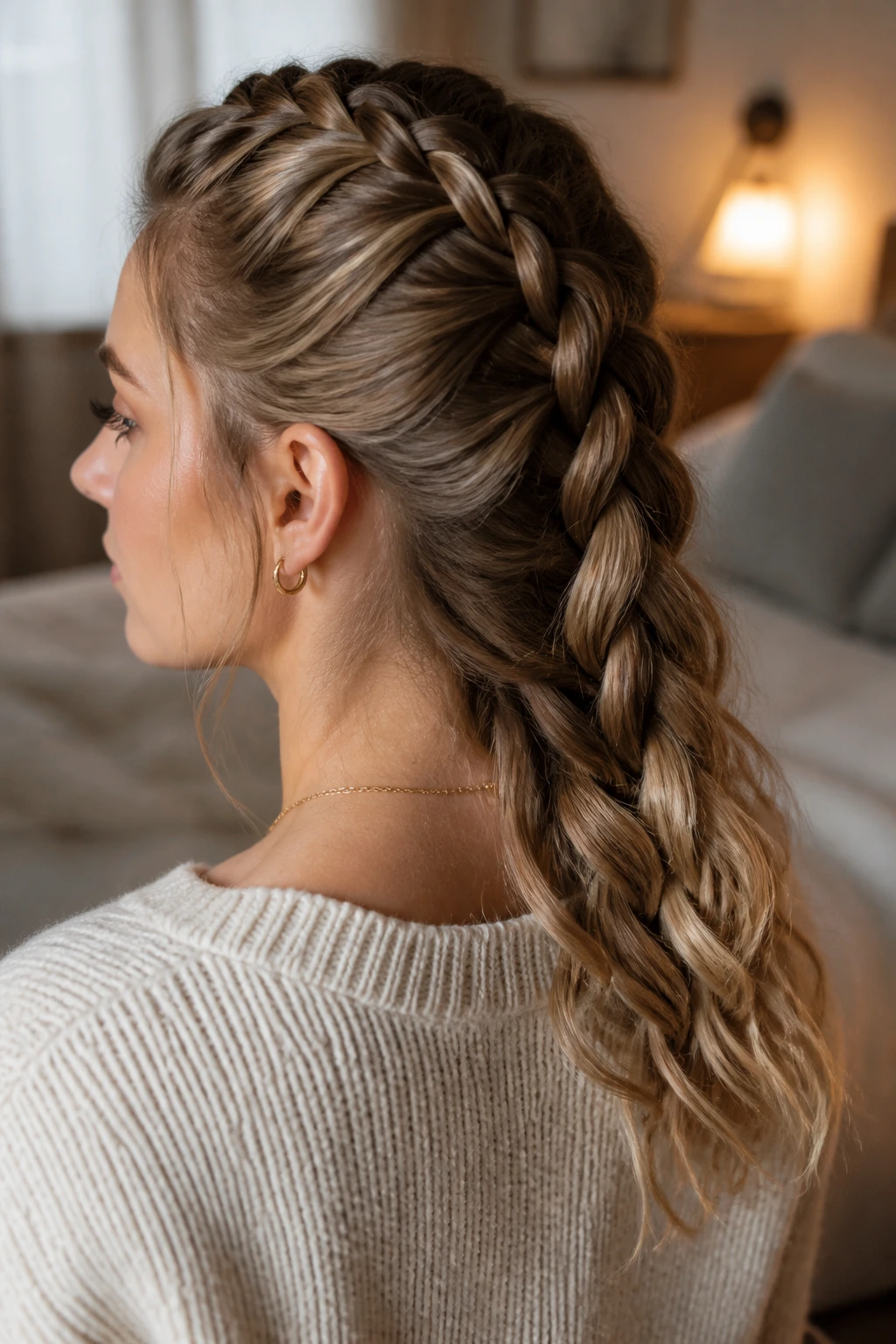 Real woman with a French braid that tightens at the scalp and loosens toward the ends.