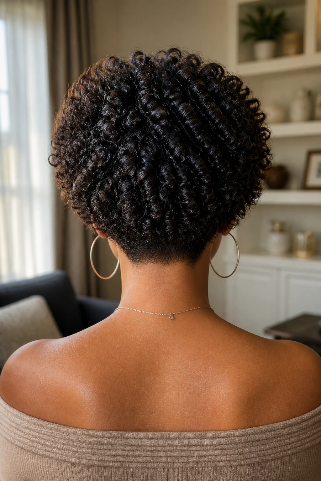 Back view of a real woman with a tight-ringlet stacked bob and halo curls in natural daylight