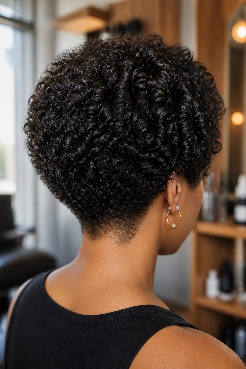 Back view close-up of a real woman with a tapered nape and stacked curls in a classic tight stack hairstyle.