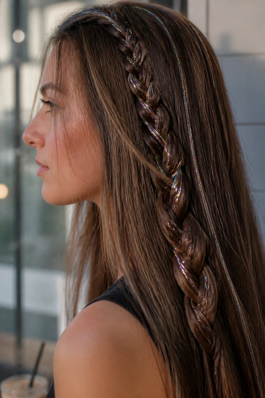 Close-up of a real woman wearing glitter strands woven into a straight braid