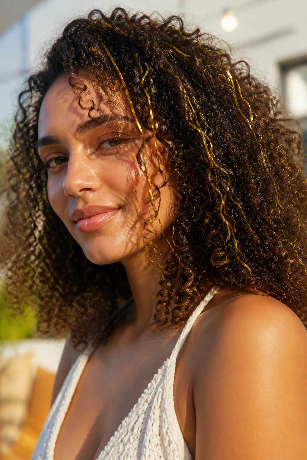 Real person hair with golden-yellow tinsel strands woven through curls.