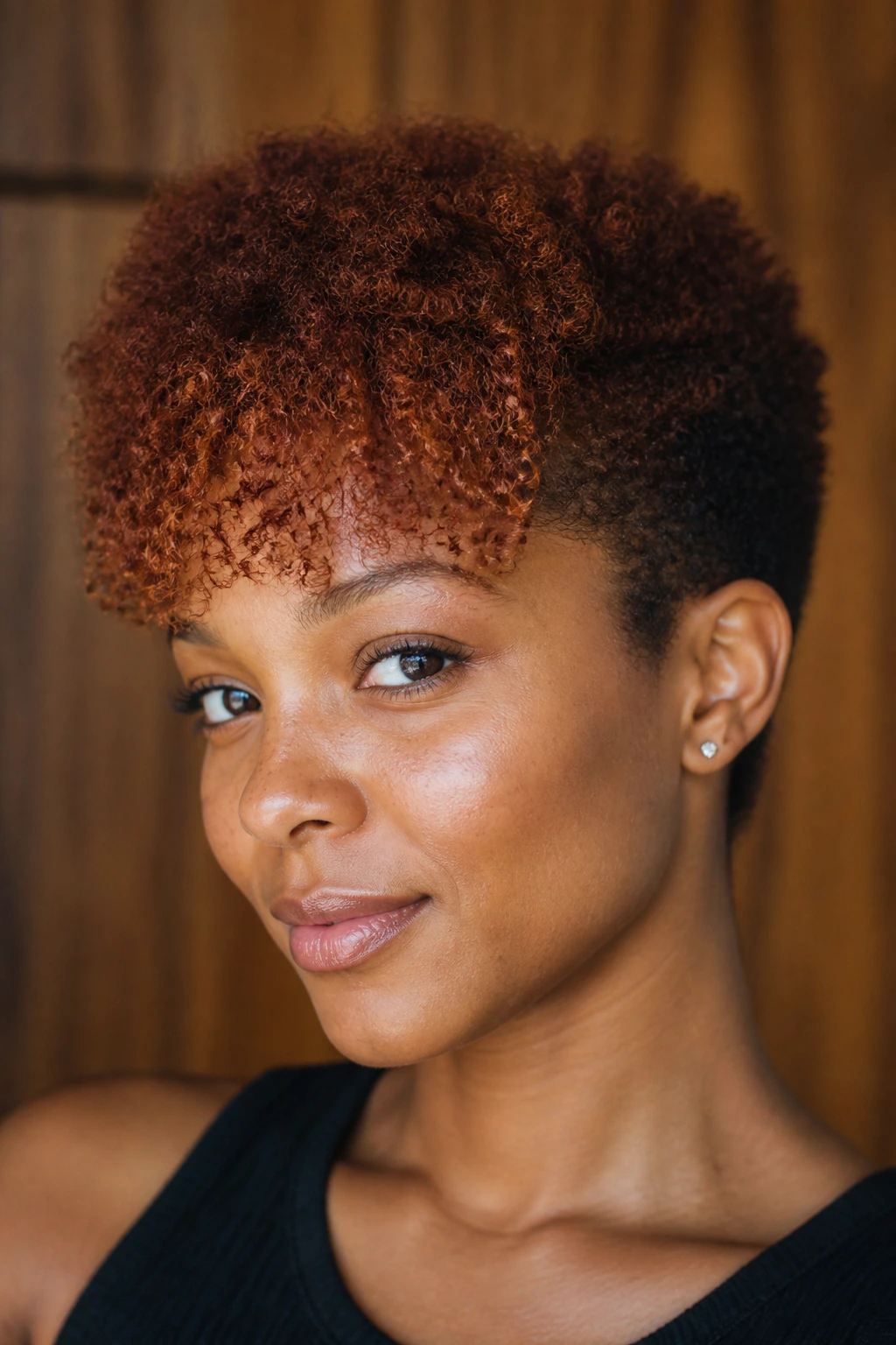 Close-up of a real person with copper bottleneck bangs on a tiny afro in warm indoor light.