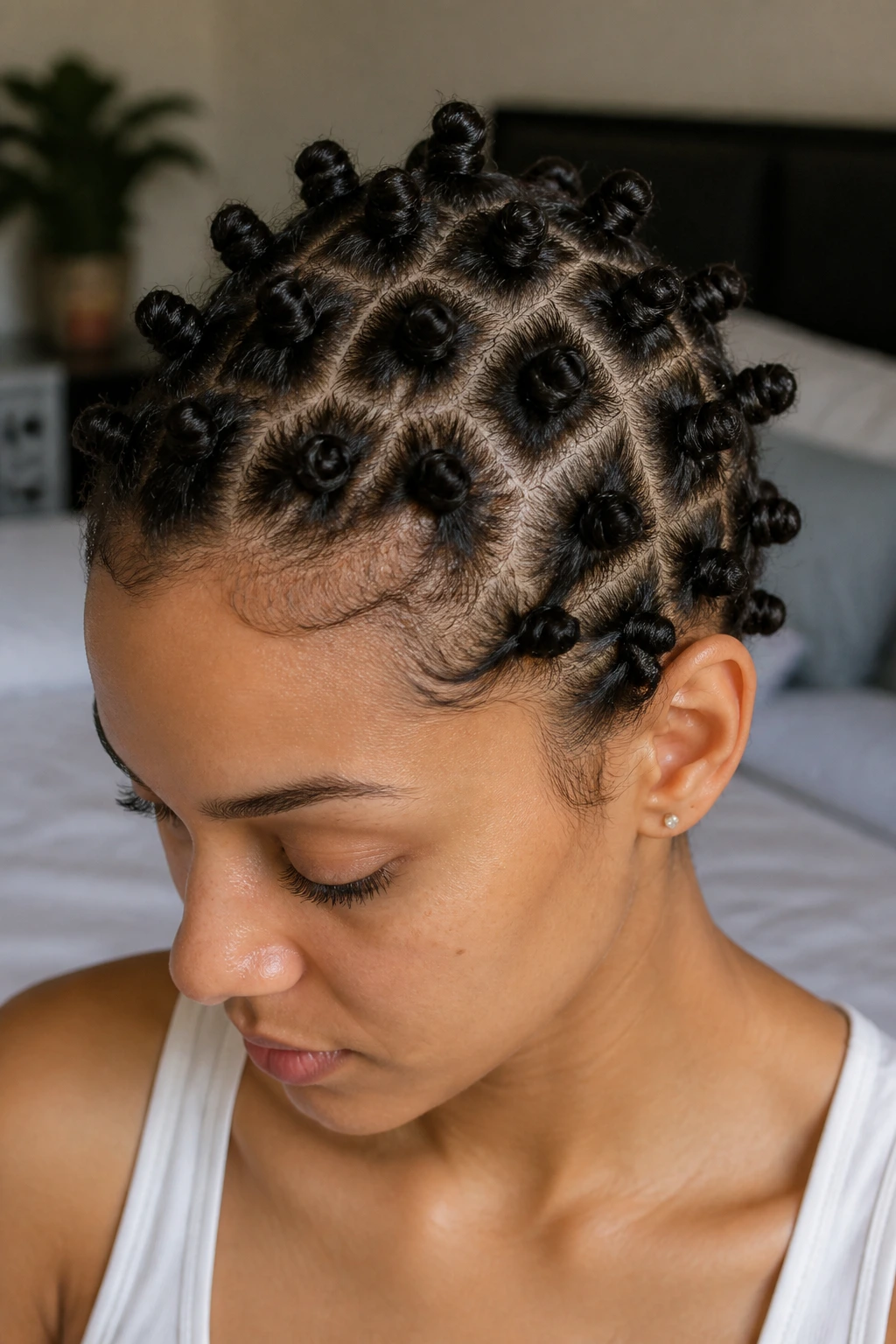 Close-up portrait of a woman with multiple tiny bantu knots on crown