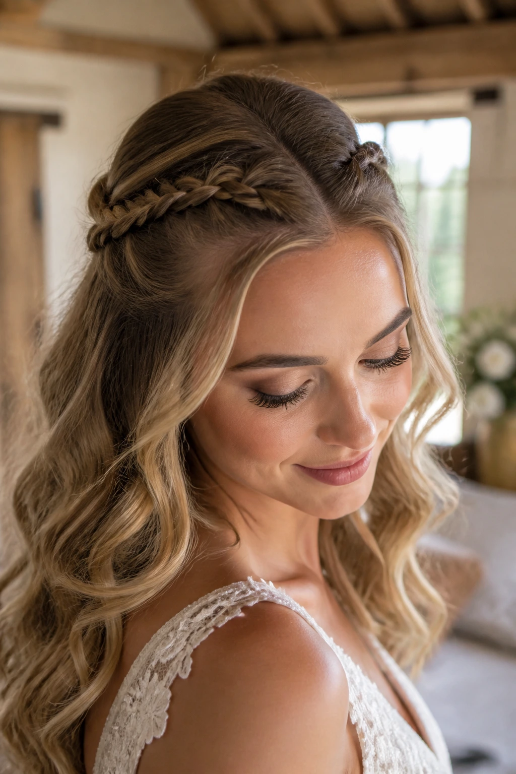 Bride with tiny French braid inserts blending into loose waves.