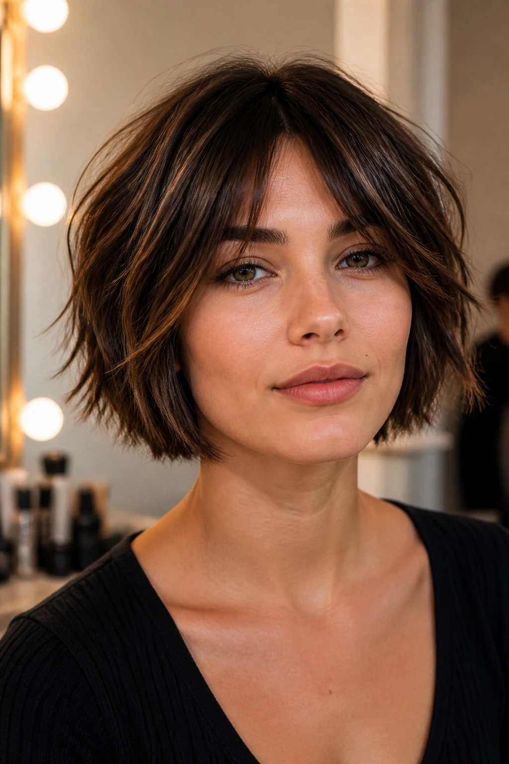 Close-up of a person with a fresh choppy bob and balanced layers