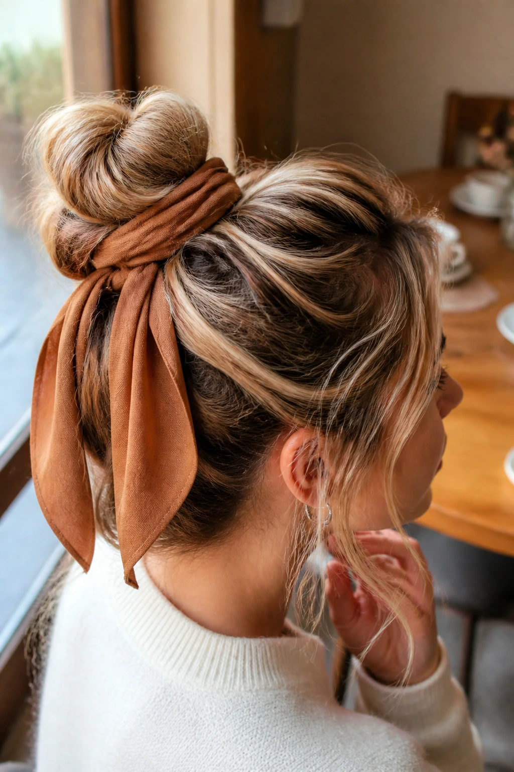 Close-up of a real person wearing a toasted ribbon bun in a cafe setting