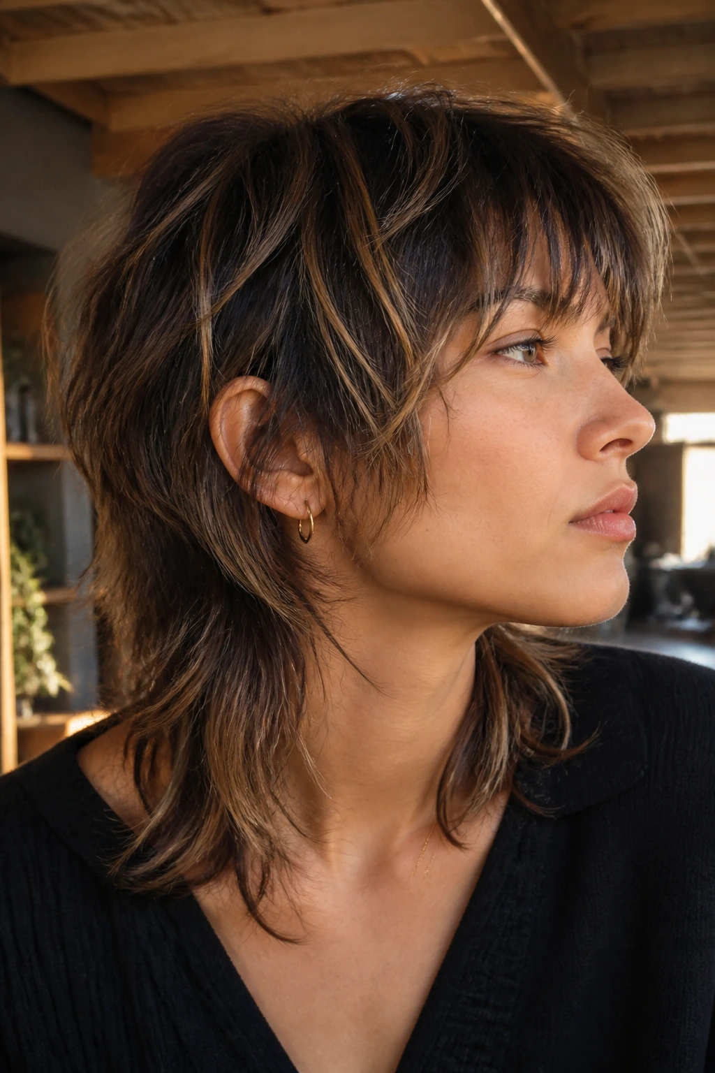 Close-up of toffee balayage shaggy fringe on dark cocoa mullet