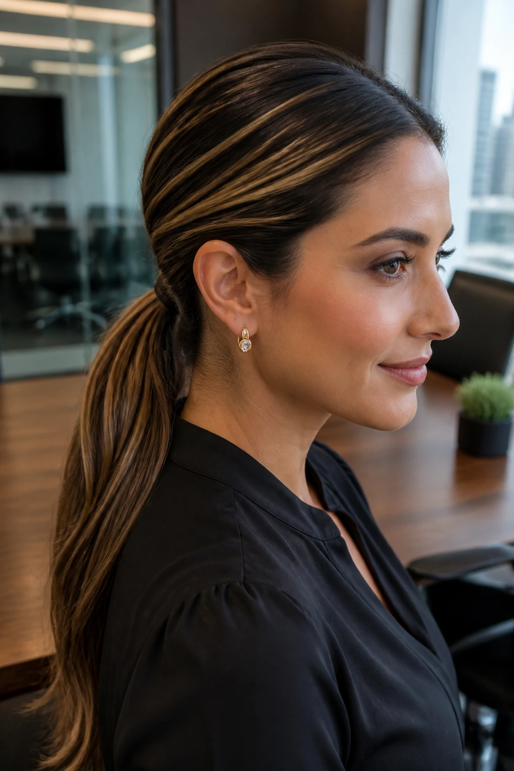 Close-up of a woman with a low sleek ponytail and soft toffee highlights.