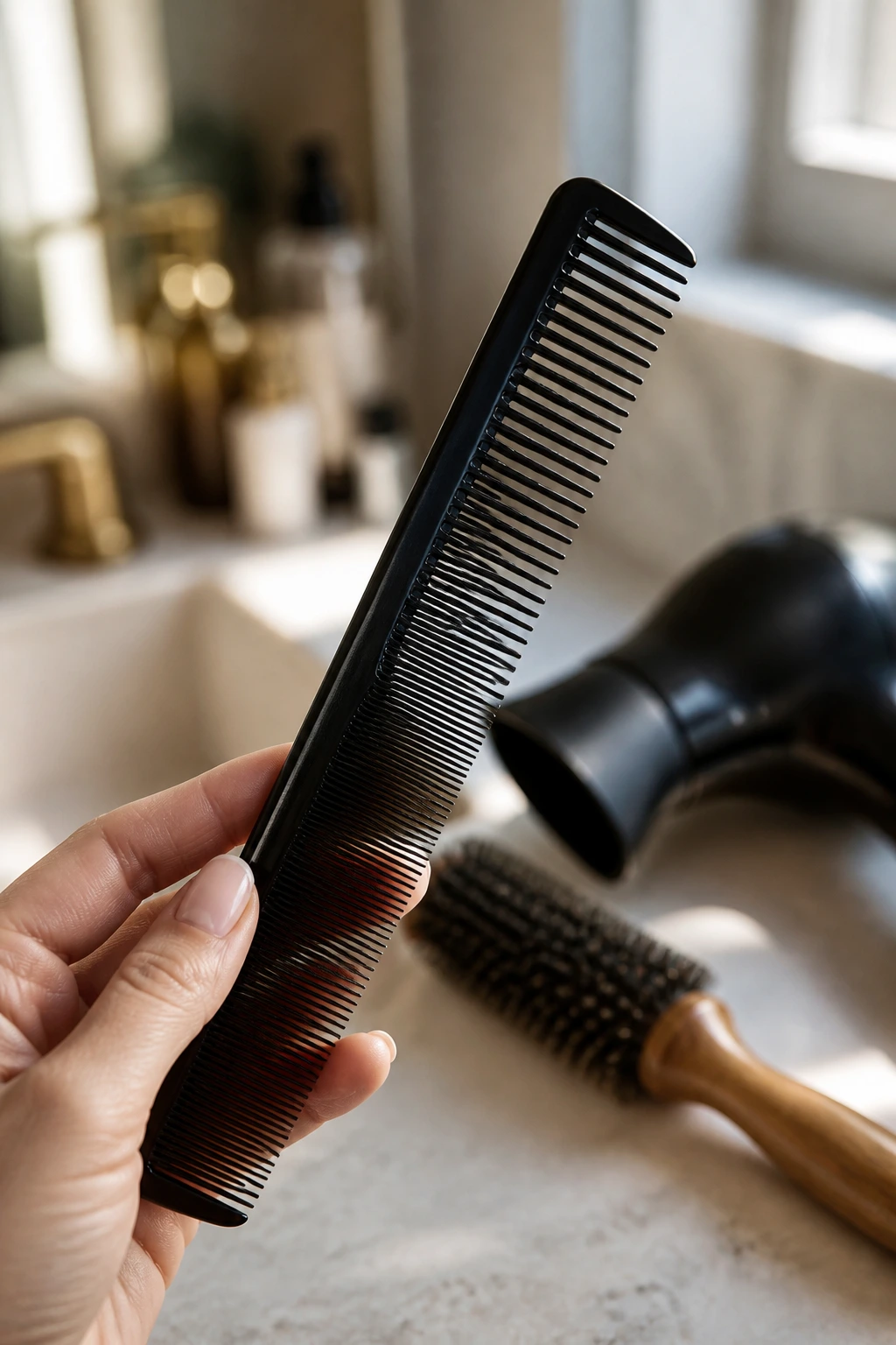 Professional styling comb in hand for sweeping bangs