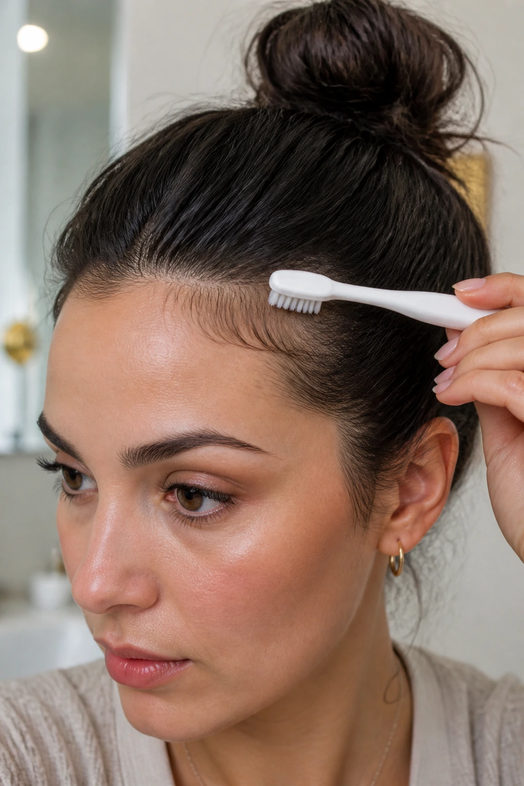 Woman using toothbrush to tame flyaways along hairline.