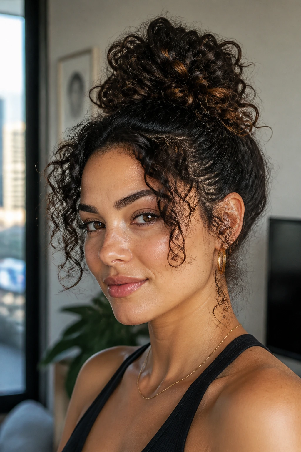 Close-up of a real woman with crown-length curls ready for a top knot, perimeter layers visible