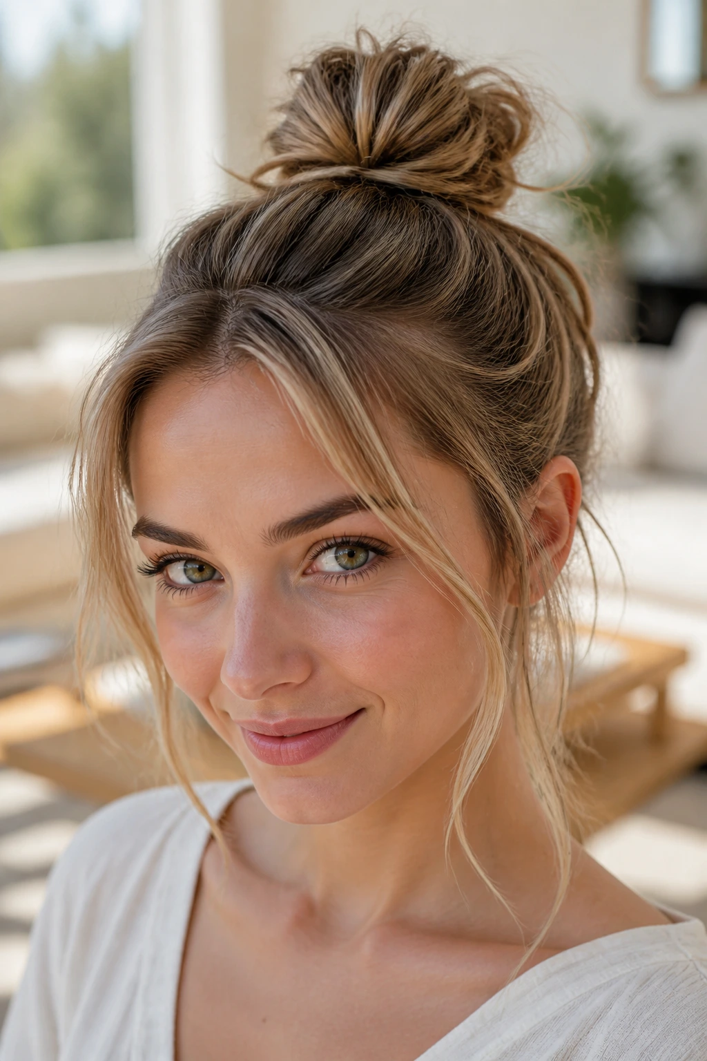 Close-up of a woman with textured top-knot base and face-framing pieces in a bright home setting