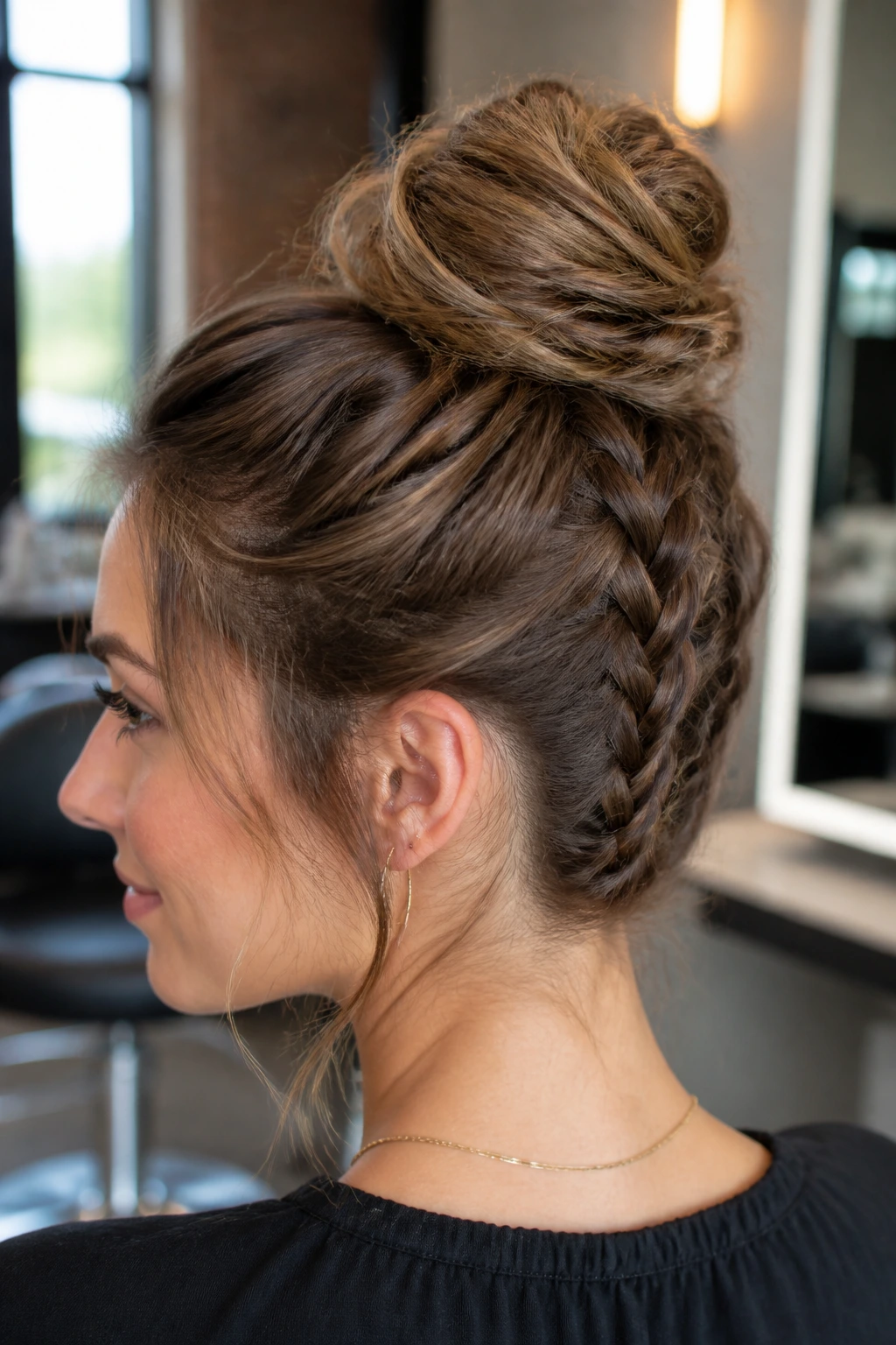 Close-up of a real woman with a wrapped top knot braid in a softly lit salon.