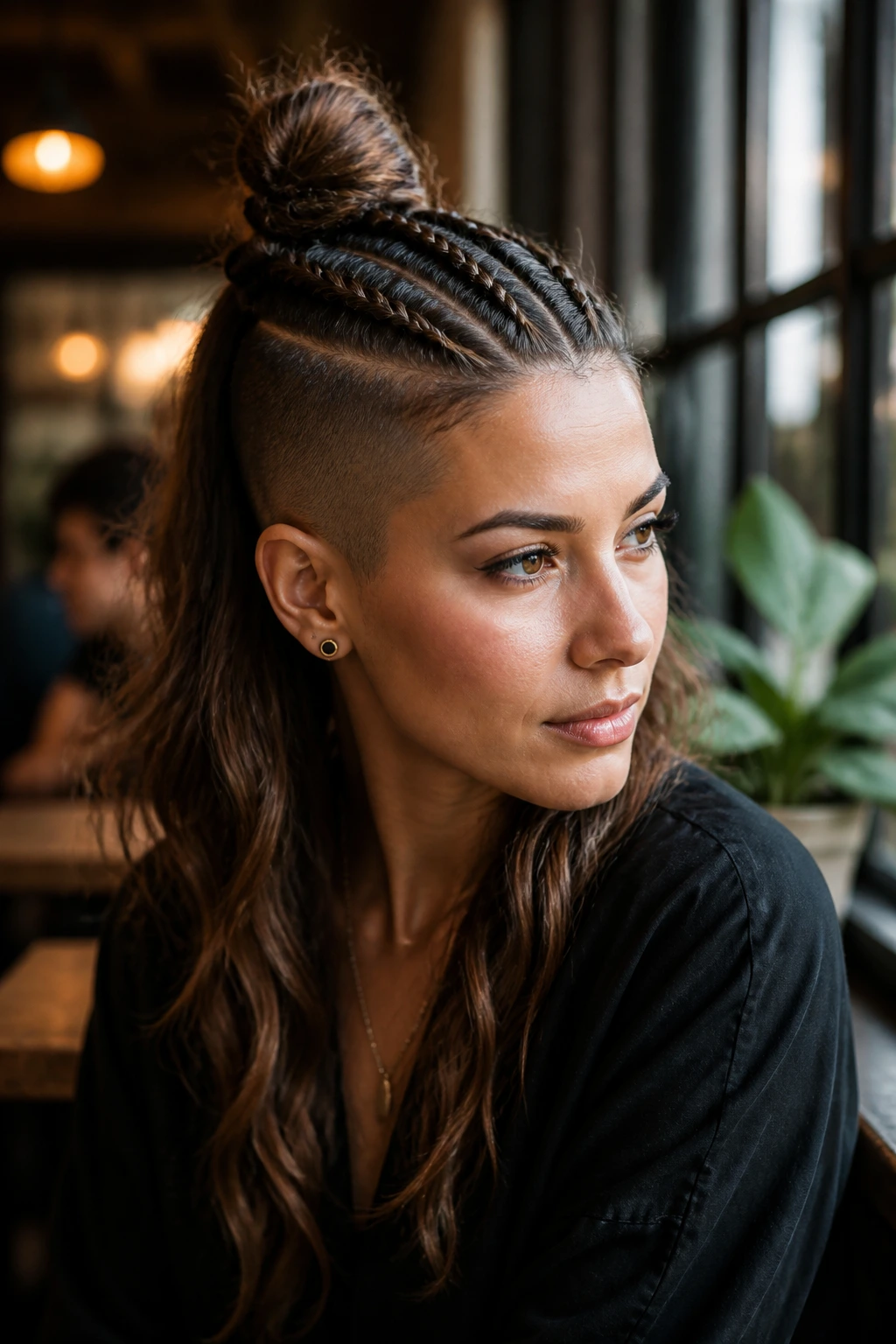 Close-up of a real person showing a half-up top knot braid with shaved sides